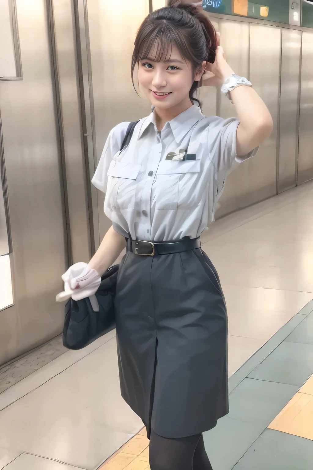 ( Masterpiece:1.2, TOP QUALITY :1.2), 32kHDR, high resolution、( Daytime building roof 、 Professional Lighting)、Building rooftop background、( Tokyo subway woman crew uniform )、( Tokyo subway woman crew uniform blouse short sleeve 、 above knee culotte skirt、 waist belt )、(Long brown hair )、( bun hair with hair tied together )、 thin legs、(( amazing hands:2.0)),((harmonious body proportions:1.5)),((Normal limbs:2.0)),((The usual :2.0)),(( Delicate Eyes:2.0)),((Normal eyes:2.0)))、(Tokyo Subway woman crew uniform above knee culotte skirtを見せた美しい立ち姿) 、 with their hands crossed under their bodies 、 Shy smile