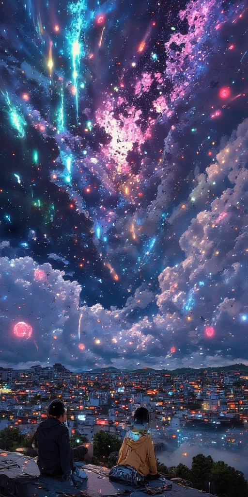 tilted Dutch angle view of a very beautiful end-of-the-world scene, hundreds of tremendously beautiful colorful meteors falling one after another randomly to beautiful lively city making holes to beautiful clouds covering city. Very dynamic dramatic picture. The sky is beautifully spread out in an impossible and unusual vivid color. citizens looking at the catastrophe from below. shock wave of meteor impact shaking the city hard.