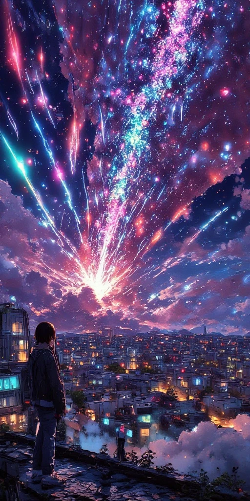 tilted Dutch angle view of a very beautiful end-of-the-world scene, hundreds of tremendously beautiful colorful meteors falling one after another randomly to beautiful lively city also blasting away beautiful clouds covering city. Very dynamic dramatic picture. The sky is beautifully spread out in an impossible and unusual vivid color. citizens looking at the catastrophe from below. shock wave of meteor impact shaking the city hard.