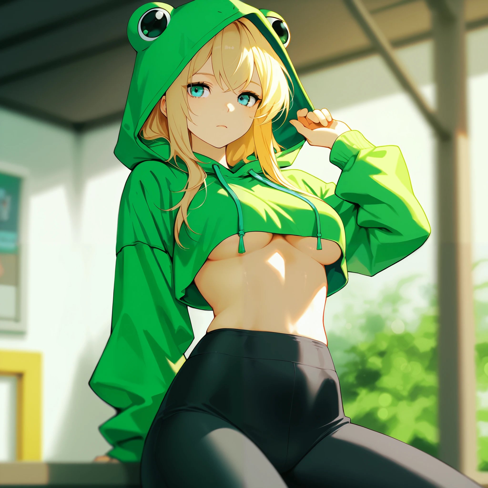 best quality, highest quality, highly detailed, high resolution, (depth of field: 1.5), fidelity: 1.3, Female, Long blonde hair, Blue eyes, Green crop top hoodie with frog eyes on hood, Underboob, Black leggings