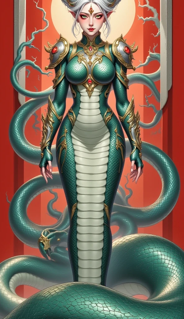 Lamia, long snake tail, cleopatra long hair, extreme muscle, big breasts, 6 arms, full body.