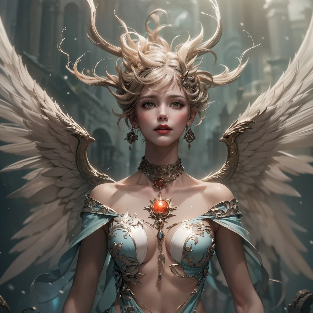 A demon queen with great wings on both sides and horns, on the right side and a Valkyrie on the left side with an impressive plumage, High, amazing detail