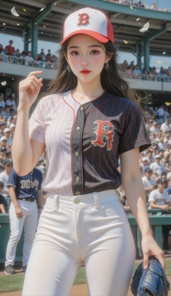 Nikon RAW photo,8 k,Fujifilm XT3,masterpiece, best quality, realistic, photorealistic,ultra detailed,1girl,solo, Wjsn Eunseo,
wearing (((baseball uniform)),trouser, sexy, erotic,seductive, mature female,thick body, milf, mature woman, maturebody,  short hair, (gigantic breasts:1.2), skindentation, tall ,narrow waist, thighs, wide hips,eyeliner, eyelashes, perfect face, detailed eyes, facial lighting, indoor stadium, audience, crowd, looking at viewer(masterpiece, high quality:1.2),