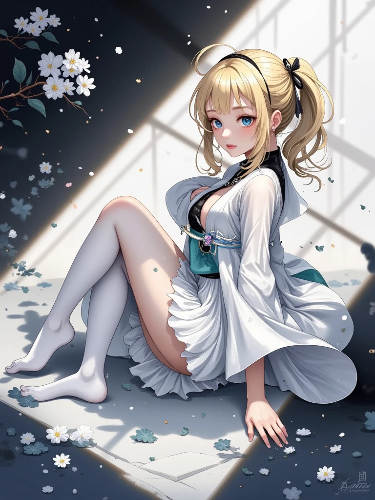 High resolution, masterpiece, look here, sitting with knees up on the floor, legs open, very realistic image of beautiful blonde hair, drawn by professional ukiyo-e, world of imagination, slim girl, nice legs , a well-fitting body, a sensual skirt, long eyelashes, delicate makeup that accentuates her gaze, a devilishness that sends shivers down your spine, her lips slightly parted, giving off a mysterious aura, and her eyes tilted upwards. 's eyes will tempt you,