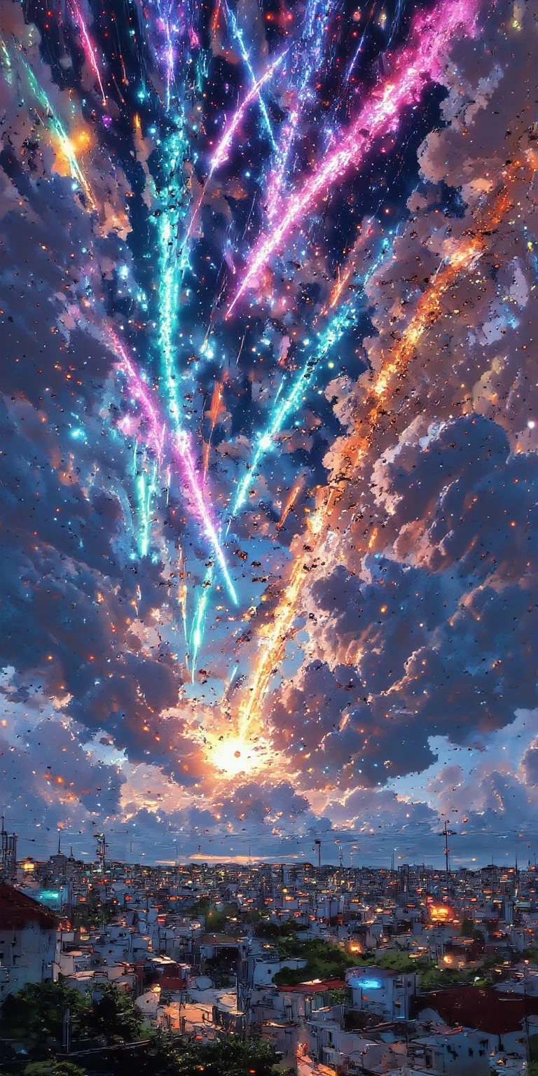tilted Dutch angle view of a very beautiful end-of-the-world scene, hundreds of tremendously beautiful colorful meteors falling one after another to everywhere at beautiful lively city through beautiful clouds covering city. Very dynamic dramatic picture. The sky is beautifully spread out in an impossible and unusual vivid color. citizens looking at the catastrophe from below. shock wave of meteor impact shaking the city hard.