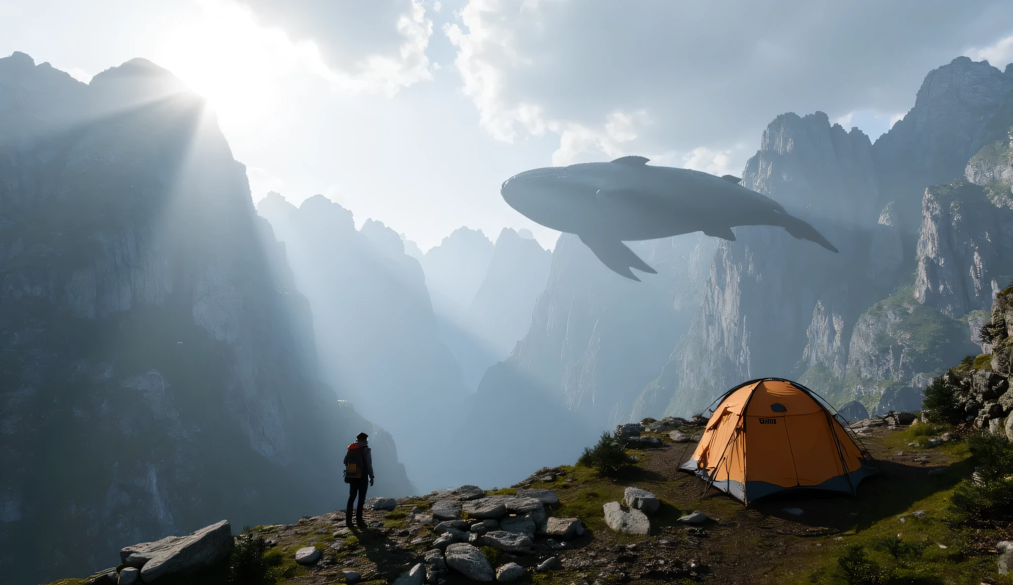A traveler in outdoor gear , next to ,Calm posture , looking at a tent , standing on a rock at the top of the mountain , The clouds flow through the gaps at the top of the mountain ,Jagged peaks, The sun shines through the gaps in the clouds ,A sea of clouds at the top of the mountain, in the distance ,The mountains in the distance are undulating,Jagged peaks, The gaps through which the sunlight clouds pass through the mountains and mountains, The flow of light and shadow makes the picture more dynamic and beautiful , creates a serene and mysterious atmosphere 。 A long and majestic mountain range ,A huge whale is suspended in the sky,Top view,Aerial Photography,reality,Landscape Photography,SLR slow door shooting