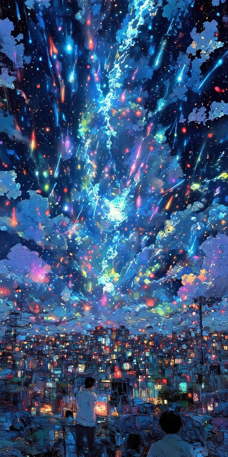 tilted Dutch angle view of a very beautiful end-of-the-world scene, hundreds of tremendously beautiful colorful meteors falling one after another to everywhere of beautiful lively city through beautiful clouds covering city. Very dynamic dramatic picture. The sky is beautifully spread out in an impossible and unusual vivid color. citizens looking at the catastrophe from below. shock wave of meteor impact shaking the city hard.