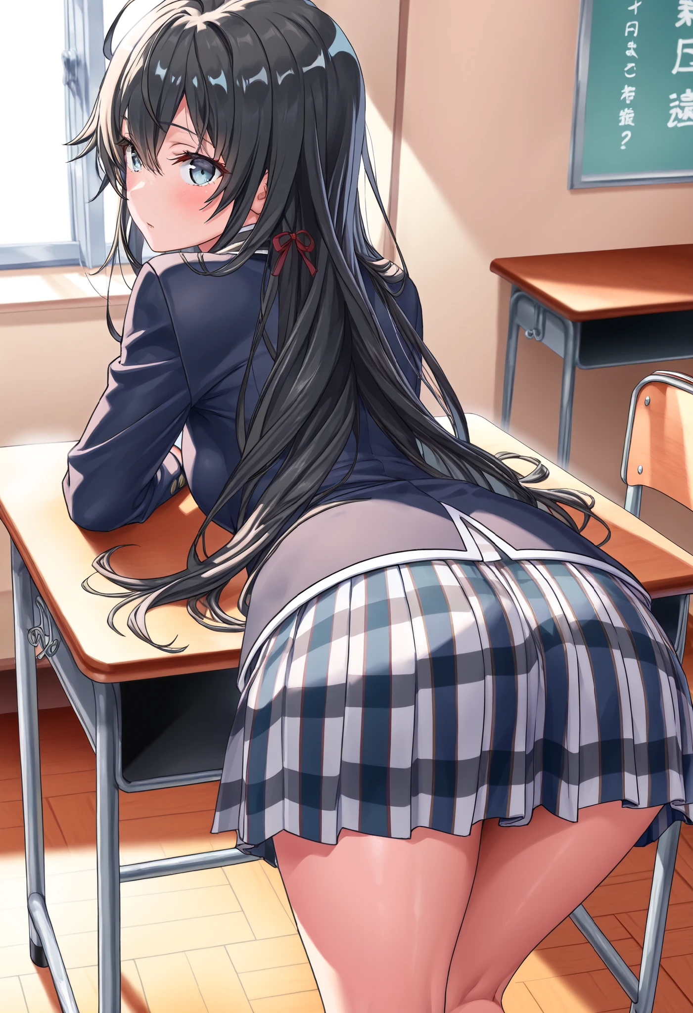 (最高 Masterpiece)、(yukino yukinoshita),(Super High Quality :1.2)、 High Girl Uniform、( TOP QUALITY 、8k、 high resolution、 Masterpiece:1.2)、Latest、 super detailed、 low angle、 Rear View、 navy blue blazer 、 plaid pleated skirt bent over desk 、classroom, black hair
