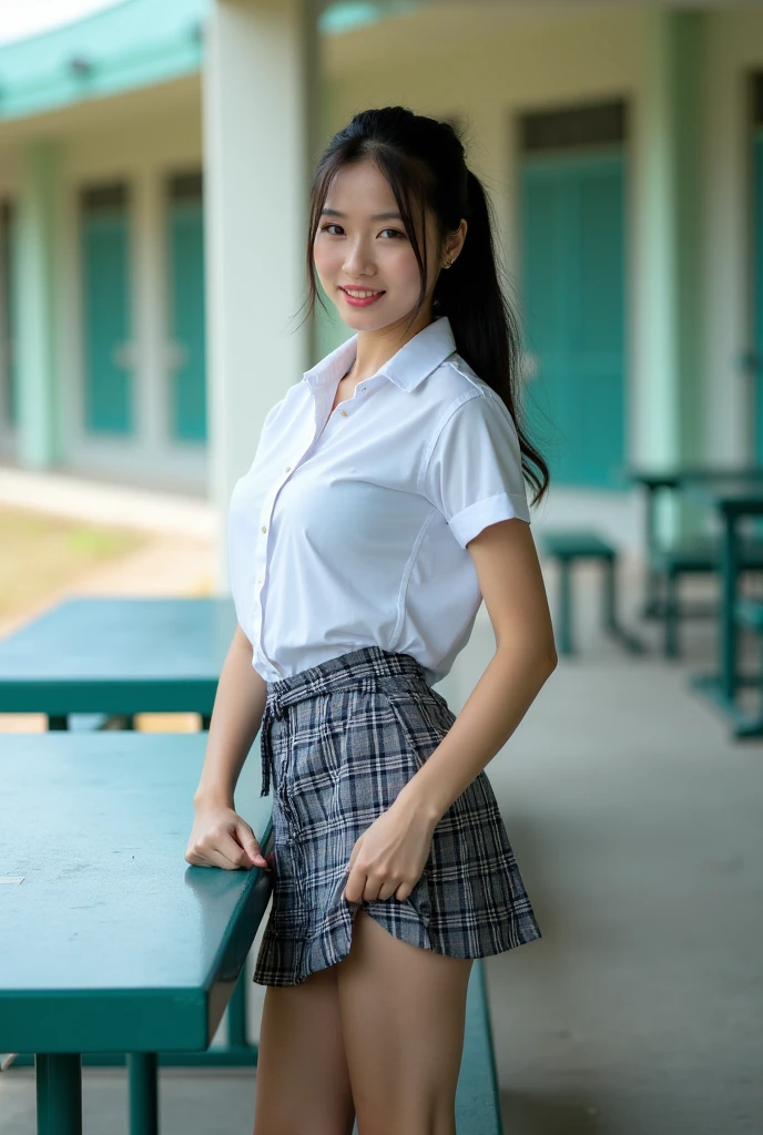 (1 girl), wonderful face and eyes, (big round eyes:1.15), (Highly detailed beautiful face), smile, (school uniform, pleated mini skirt:1.3), (school uniform with open breasts), (highest quality:1.4), (super detailed), (surreal, realistic:1.37), fair skin, Highly detailed CG integrated 8k wallpaper, RAW photo, professional photos, cinematic lighting, sitting, bench, spread your legs, (No panties:1.2), (cleft of venus:1.3), twilight, sunset, garden, wood, flowers, Depth of bounds written, 