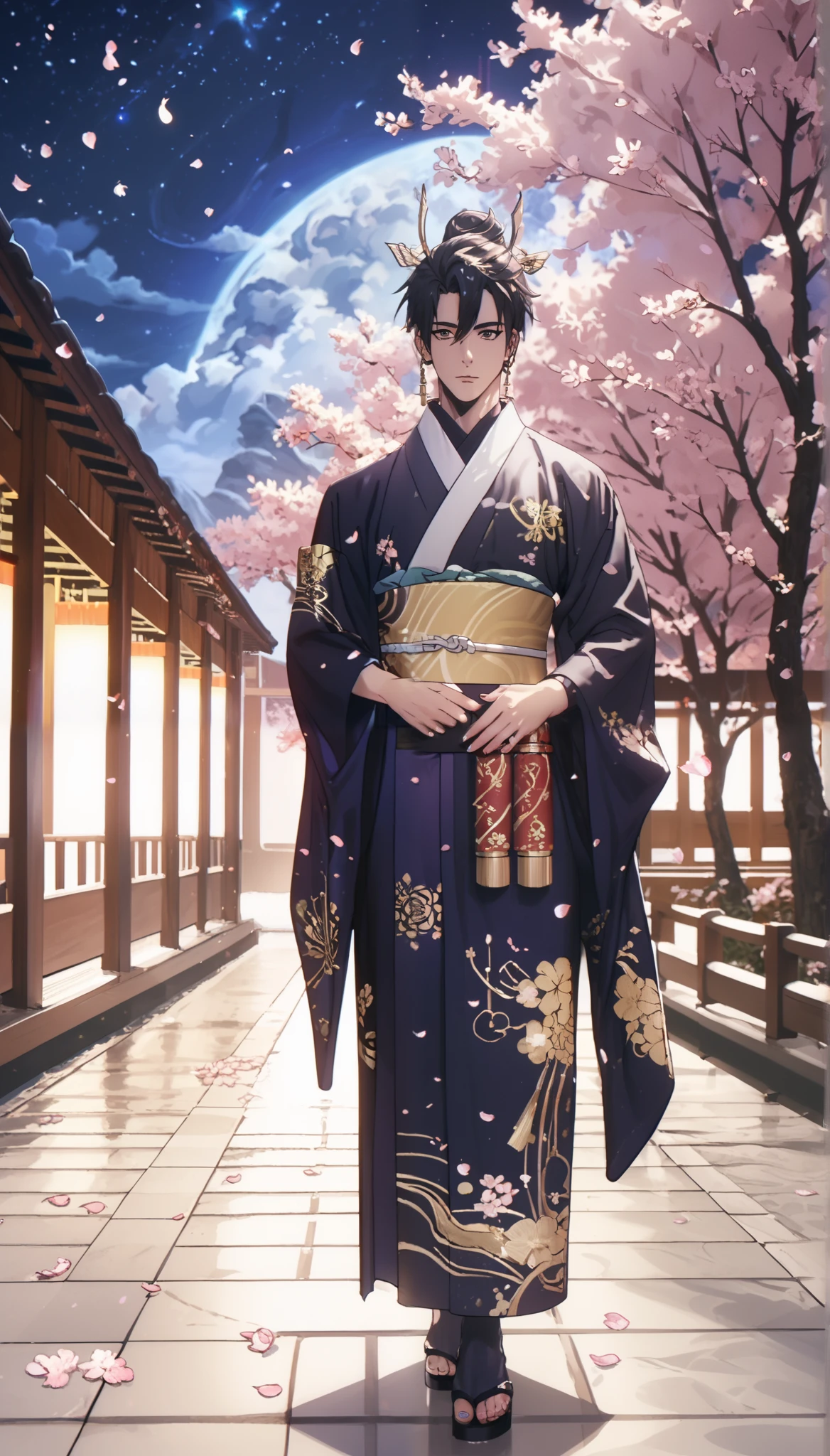 A striking illustration of Sung Jin-Woo from *Solo Leveling* wearing a traditional Japanese kimono. The kimono is deep black with intricate silver and blue embroidery resembling his shadow monarch powers. His aura radiates dark, ethereal energy, subtly forming shadowy figures around him. Jin-Woo stands in a traditional Japanese garden at night, illuminated by soft lanterns, with cherry blossom petals drifting in the air. His expression is calm yet intense, with his piercing eyes reflecting his dominance. The background features a serene moonlit sky, adding to the mystical atmosphere. The art style is highly detailed, semi-realistic with anime aesthetics, dramatic lighting, and a dark fantasy theme, full body view