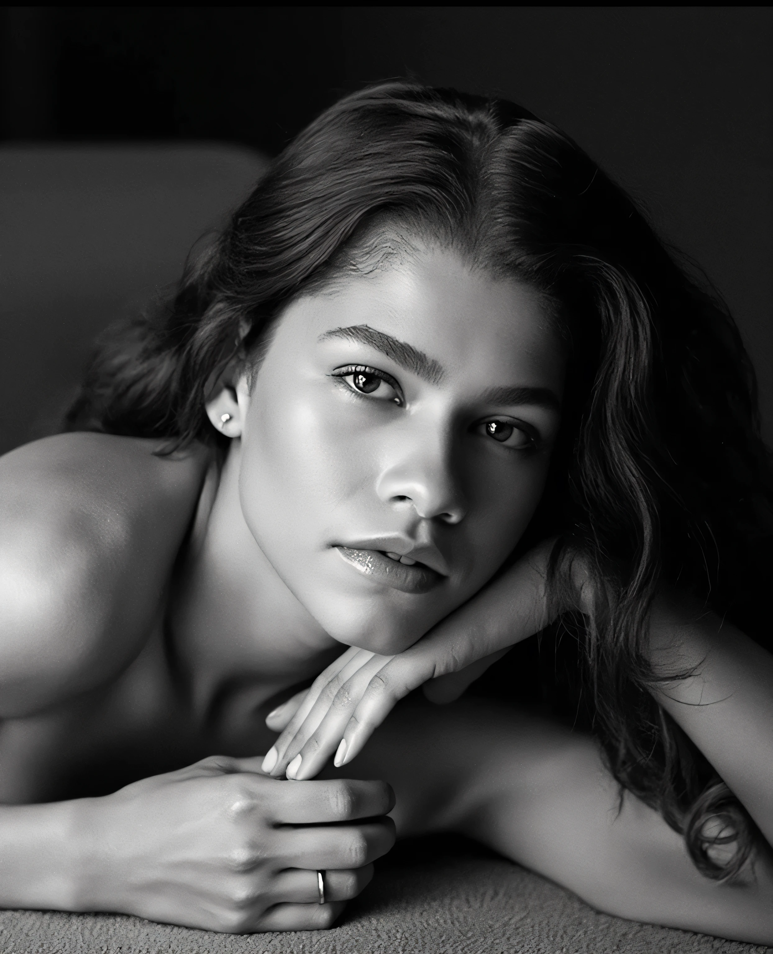 High res waist up portrait photo of a woman. ((She is not looking at the camera:1.4)), black and white