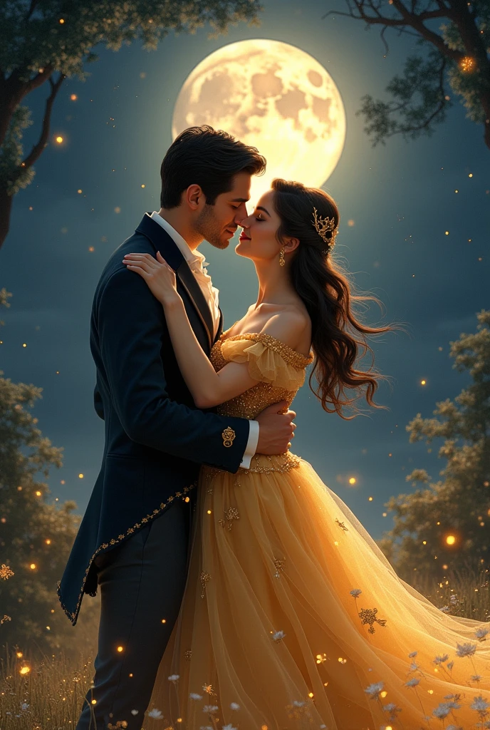 A princess in a gold dress dancing under the moonlight with a black ...