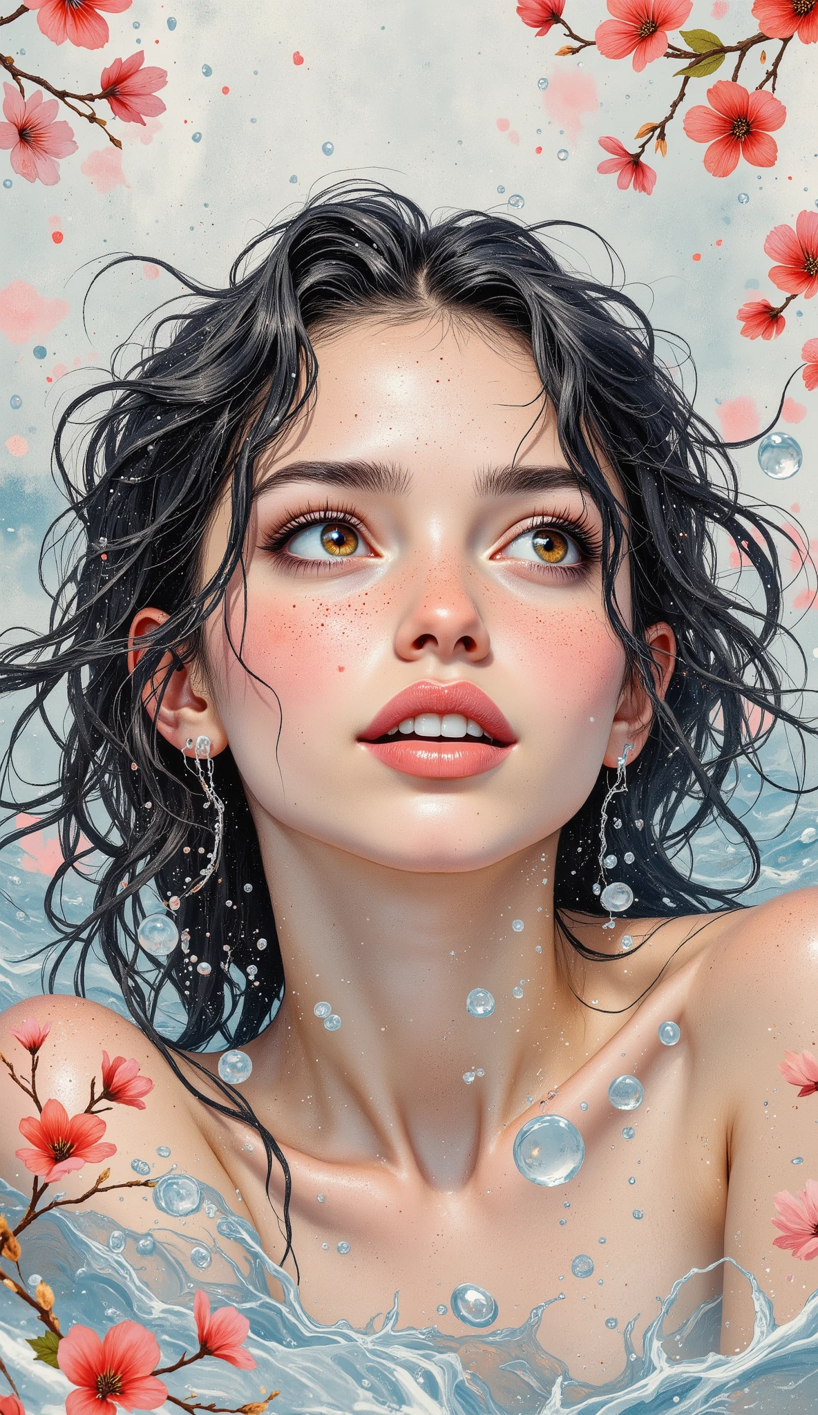 Hyper-realistic digital artistic portrait of a young girl -18 with wet hair, close-up, standing up to her neck in pure, pure water behind transparent drops of water falling from above, forming vertical paths. She looks up and away. Close-up of face and neck. A girl with dark, wet, curly hair looks naive and surprised. There is a slight smile on his lips. The head is raised, the face is slightly turned. She has slightly freckled, moist skin and charming, incredibly transparent brown eyes with fluffy long eyelashes. There are many transparent large and small drops of water and splashes in the air. Small delicate red cherry blossoms form the frame of the image. The background is light and neutral. Vintage warm filter. From top to bottom. The overall style combines digital art and watercolor painting, the details of hair and face are clearly drawn, but the color shades of skin, background and water emphasize the handwriting, showing spots, streaks, splashes and strokes. The atmosphere of the image is dreamy and nostalgic, evoking memories. The colors should be muted, but bright, with an emphasis on pink, peach, red and green shades of flowers and delicate shades of her skin. Soft light falls from above and behind, casting shadows on the skin from the eyelashes, nose, lower lip and chin of the girl. The shadows on the hair are watercolor, gray-blue, blurred and opaque. Artgerm Style