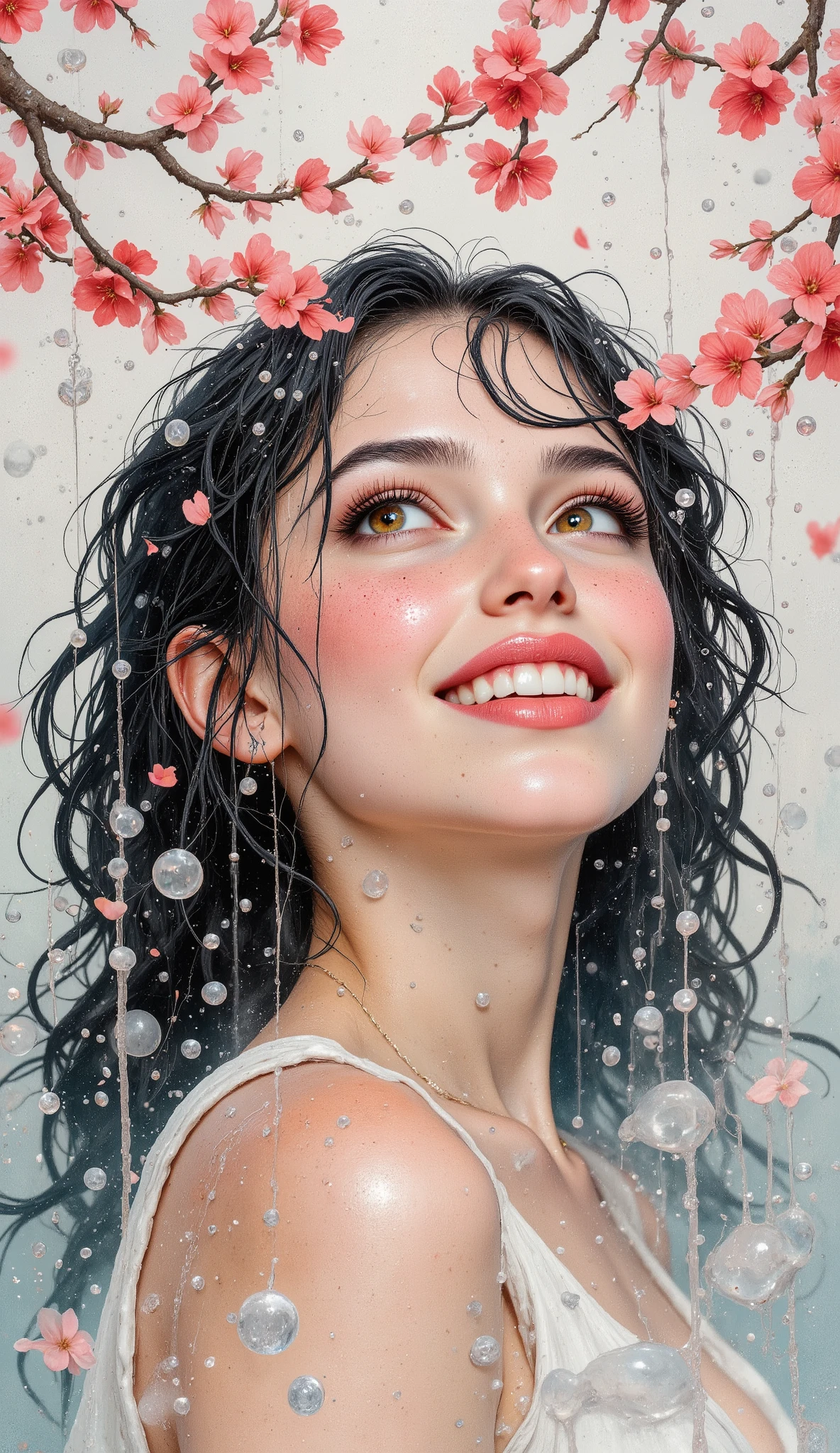 Hyper-realistic digital artistic portrait of a young girl -18 with wet hair, close-up, standing up to her neck in pure, pure water behind transparent drops of water falling from above, forming vertical paths. She looks up and away. Close-up of face and neck. A girl with dark, wet, curly hair looks naive and surprised. There is a slight smile on his lips. The head is raised, the face is slightly turned. She has slightly freckled, moist skin and charming, incredibly transparent brown eyes with fluffy long eyelashes. There are many transparent large and small drops of water and splashes in the air. Small delicate red cherry blossoms form the frame of the image. The background is light and neutral. Vintage warm filter. From top to bottom. The overall style combines digital art and watercolor painting, the details of hair and face are clearly drawn, but the color shades of skin, background and water emphasize the handwriting, showing spots, streaks, splashes and strokes. The atmosphere of the image is dreamy and nostalgic, evoking memories. The colors should be muted, but bright, with an emphasis on pink, peach, red and green shades of flowers and delicate shades of her skin. Soft light falls from above and behind, casting shadows on the skin from the eyelashes, nose, lower lip and chin of the girl. The shadows on the hair are watercolor, gray-blue, blurred and opaque. Artgerm Style
