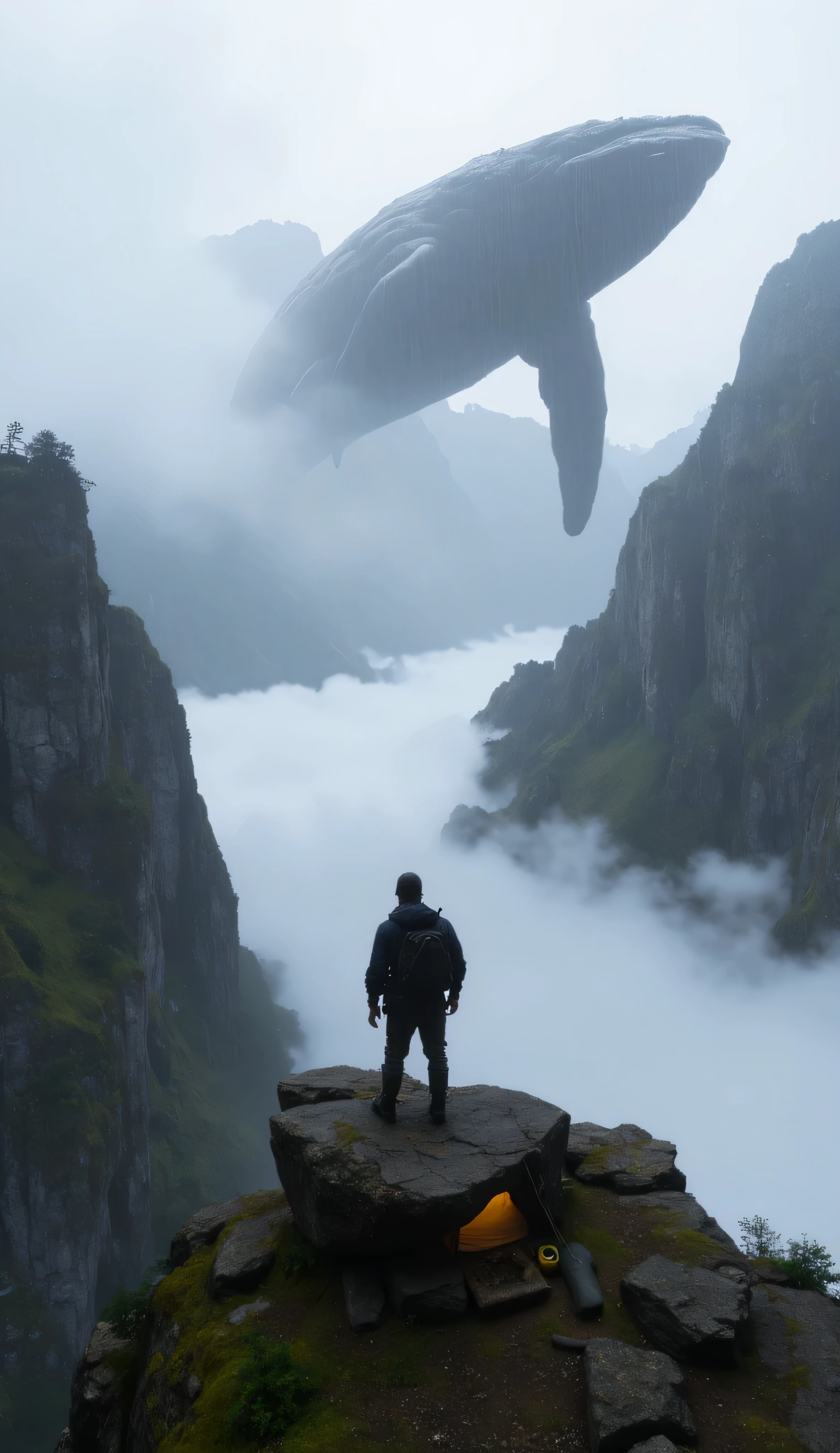 A traveler in outdoor gear , next to ,Calm posture , looking at a tent , standing on a rock at the top of the mountain , The clouds flow through the gaps at the top of the mountain ,Jagged peaks,A sea of clouds at the top of the mountain, in the distance ,The mountains in the distance are undulating,Jagged peaks, creates a serene and mysterious atmosphere 。A huge whale is suspended in the sky,Spread your huge wings,It's raining,Top view,Aerial Photography,reality,Landscape Photography,SLR slow door shooting