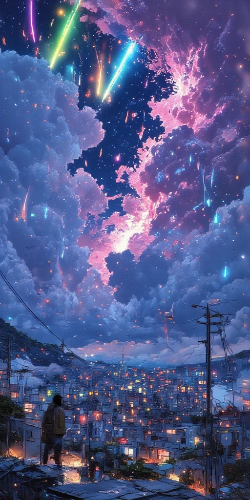 tilted Dutch angle view of a very beautiful end-of-the-world scene, as making the hole at beautiful clouds covering city hundreds of tremendously beautiful colorful meteors falling one after another allover beautiful lively city. Very dynamic dramatic picture. The sky is beautifully spread out in an impossible and unusual vivid color. citizens looking at the catastrophe from below. meteor impact shaking the ground very hard.
