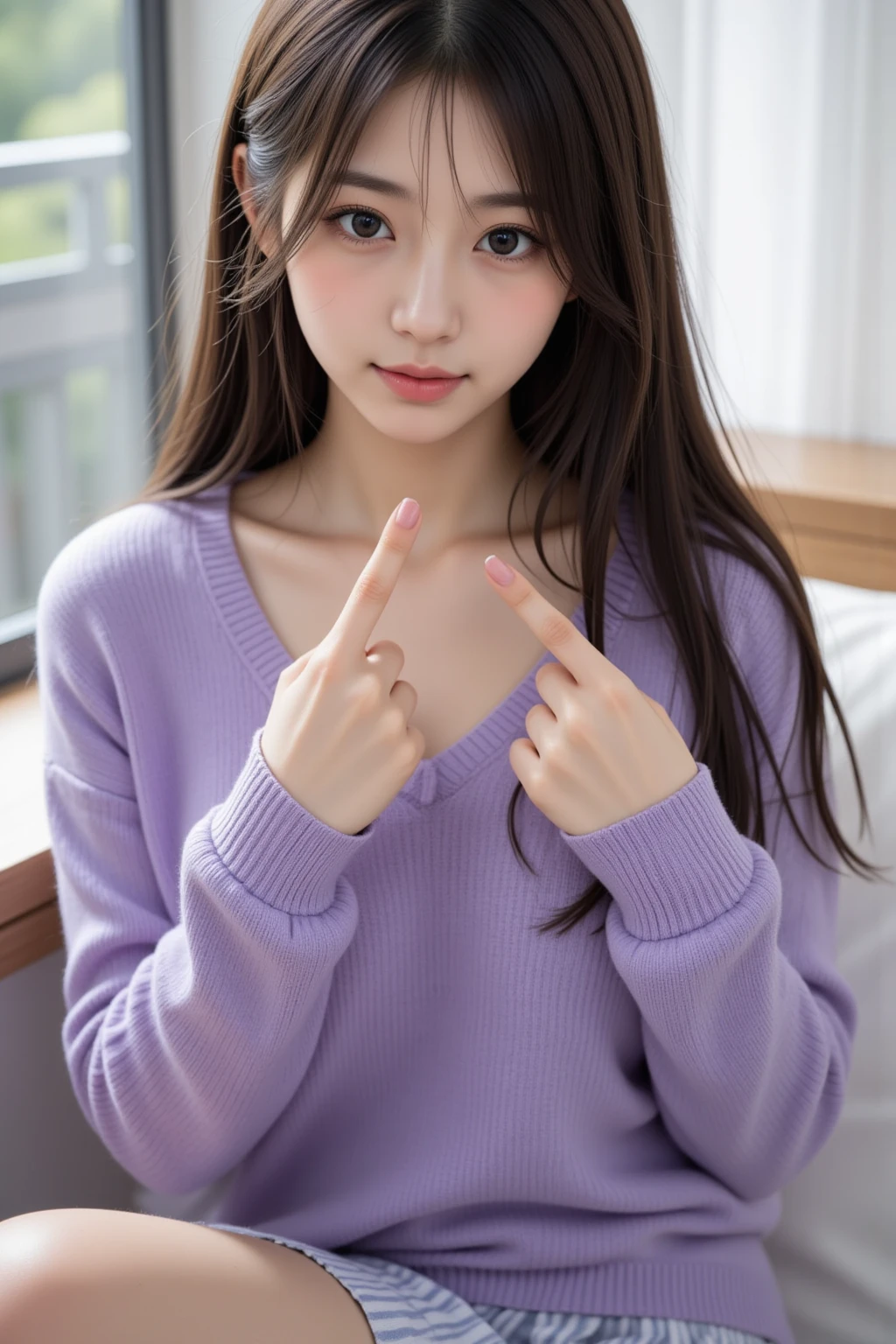 Highest quality,japanese,looking smartphone,girl,smile,messy room,chest pull up, self_shot