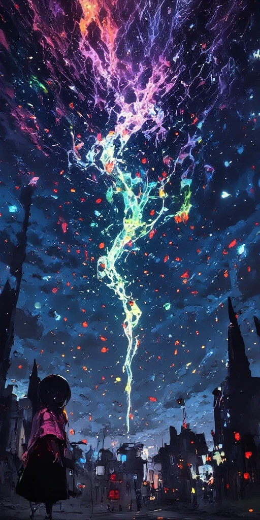tilted Dutch angle view of a very beautiful end-of-the-world scene, hundreds of tremendously beautiful colorful meteors spirally falling one after another to allover beautiful lively city as clash and blasting beautiful clouds covering city. Very dynamic dramatic picture. The sky is beautifully spread out in an impossible and unusual vivid color. citizens looking at the catastrophe from below. meteor impact shaking the ground very hard.