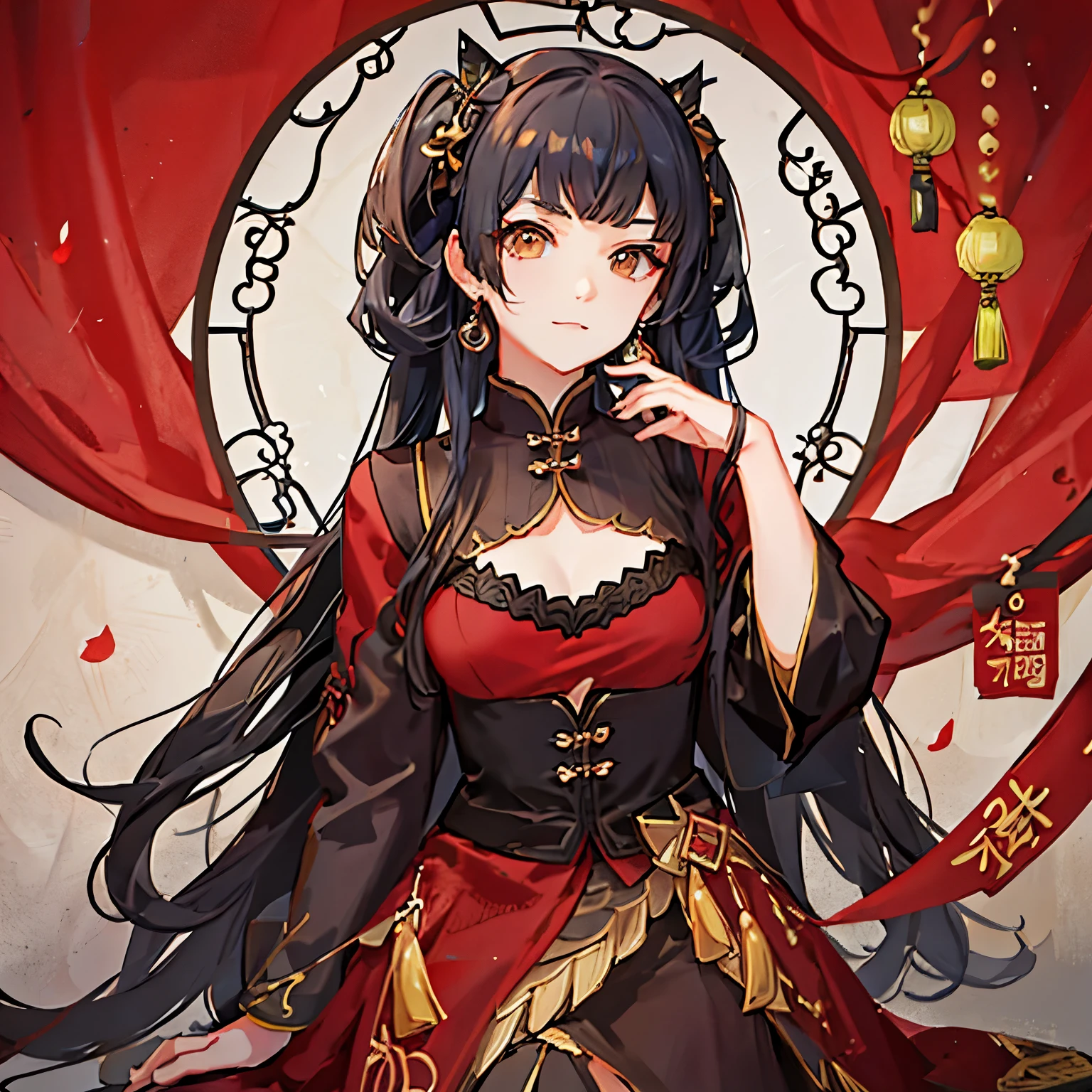 girl, throne, upper body, ( detailed face:1.2), Masterpiece, Fashion , chinese dress, medium hair , black hair, twin tails, blunt bangs, brown eyes,