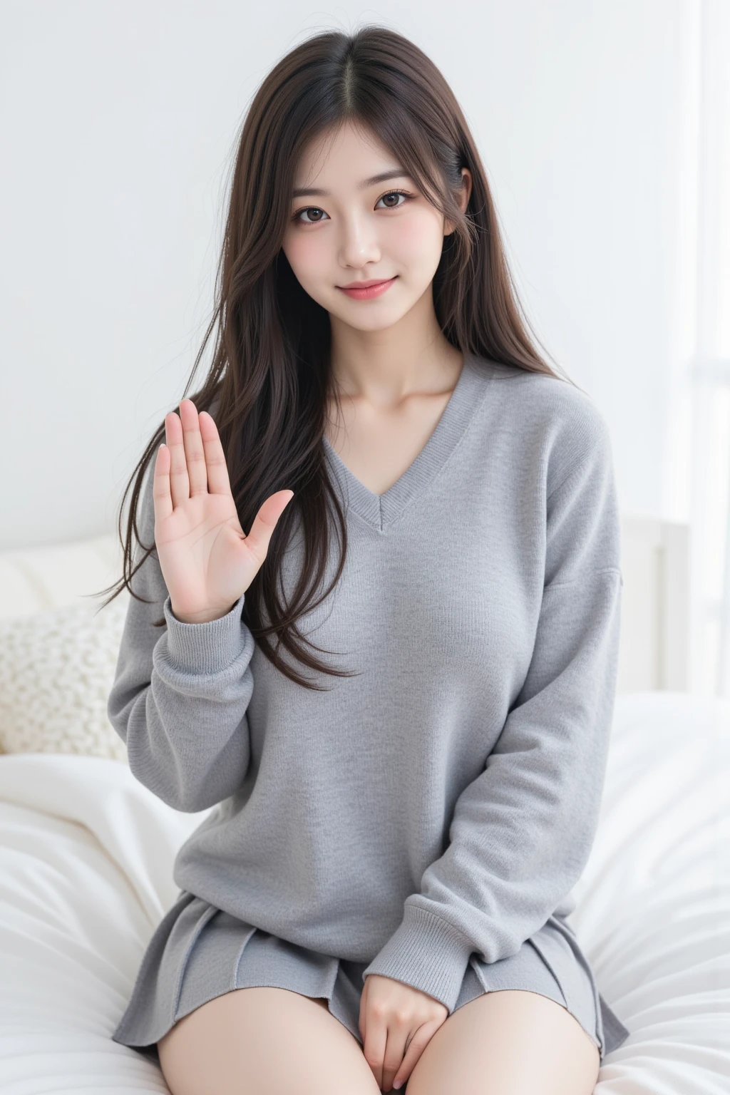 ((of the highest quality, 8K,Raw photo)), (Realistic, Photorealistic: 1.37), (Face Focus: 1.1), A smile、Small breasts, flat chest, Longhaire, A Japanese Lady、20yr old、Japan idol system、(white sweatshirt: 1.1)、Skirt, Sitting,