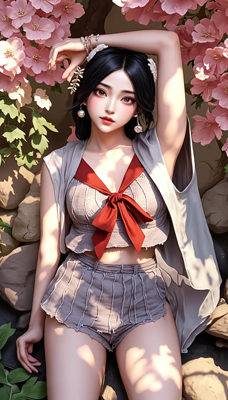 ​master piece：1 dog，best qualityer），真实感，（Real pictures，rich detail details，depth of fields），（1 girl called girl，独奏），putting makeup on，high detal，Perfect face shape，（：1个Giant Breast Girl.4 pcs），（dent in the skin），Thigh thick，Wide hips，Thin waist，highr，The corals，Redlip，red eyes，pony tails（Kizi，Shallow tulle，Tulle transparent），（sweat leggs：1girll.2 Maidens），（dampness），Raised sexy，Be red in the face，（shyexpression），Yellow petal clothes，Harnes，vests，Short miko skirt，shorter pants，Yoga pants for，Tight skirt，skin-tight short-pants，stocklings，fishnet stockings，pyjamas，pleatedskirt，Skirt，