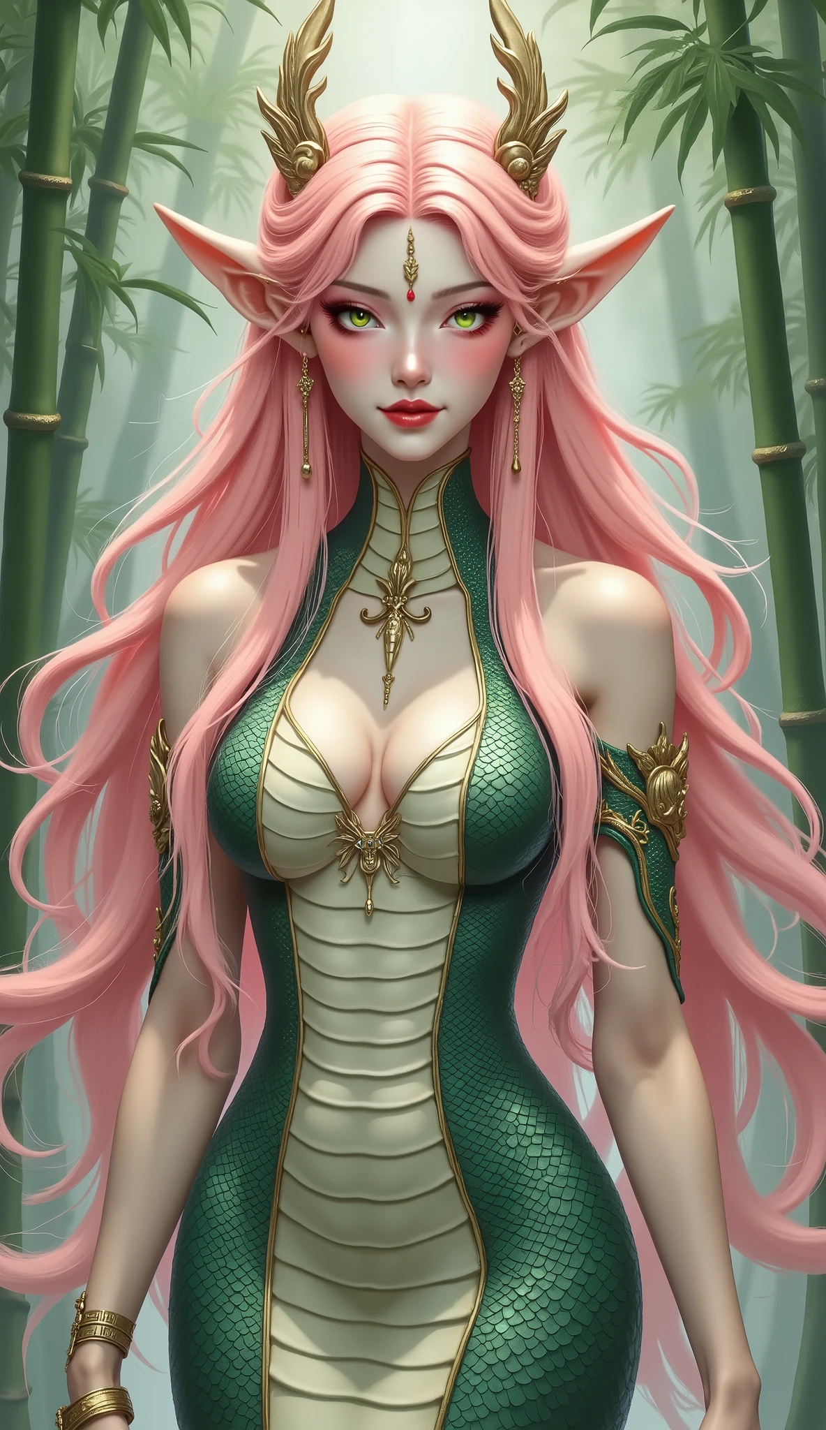 anime characters, beautiful woman , Long fluffy pink hair , Bright eyes ,Elf ears, snakeskin dress , Surrounding posture , 雾middle竹林 , middle, Bright Colors , intricate details , Mysterious Atmosphere ( masterpiece, Studio Quality Photos Showing God's Power :1.3), (Movie), 4K, ArtStation popular works , 8,000, Awards