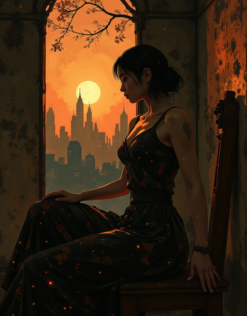 (Anatomically perfect and accurate body depiction: 2),(Anatomically perfect and accurate finger, hand and arm depiction: 2),(Small head, small face, : 2),1 woman, modern art, fantastic, emotional art, pin-up, intricate details,  woman. Detailed live action profile, elegant female illustration, detailed skin texture, elegant makeup, (Close-up depiction of a beautiful woman lit by the dark sunset through a latticed window: 4),(Frontal depiction: 3), Cinematic lighting style depiction, (Short bob hair: 5), In a dark room with concrete walls, Dark background,