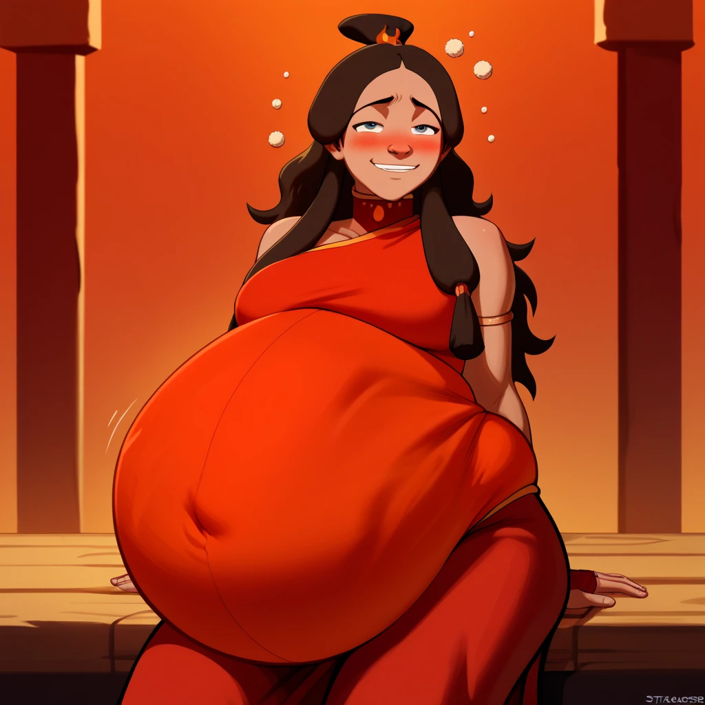 score_9, score_8_up, score_7_up, score_6_up, score_5_up, score_4_up, rating_questionable, KataraFire, sexy pose, ((belly stuffed)), ((huge belly)), ((Very drunk)), ((staggers)), (tight red clothes) ,dark skin, shy smile