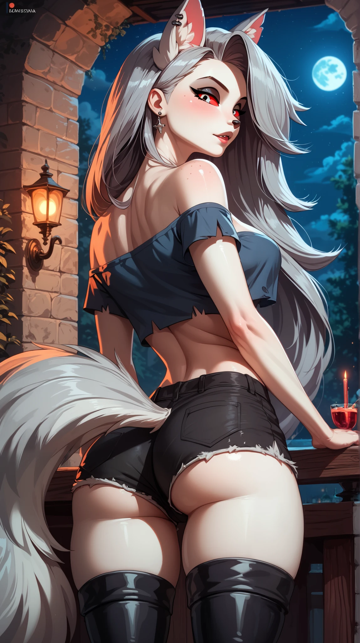 Perfect eyes, perfectly sexy face , extremely detailed, looking at the viewer , red eyes, loona, hazbin hotel, wide hips , animal ear, animal ears , animal nose, tail, shorts brancos, short shorts , thigh boots, short top, apenas_shoulder, Fantasy, night, rear view ,