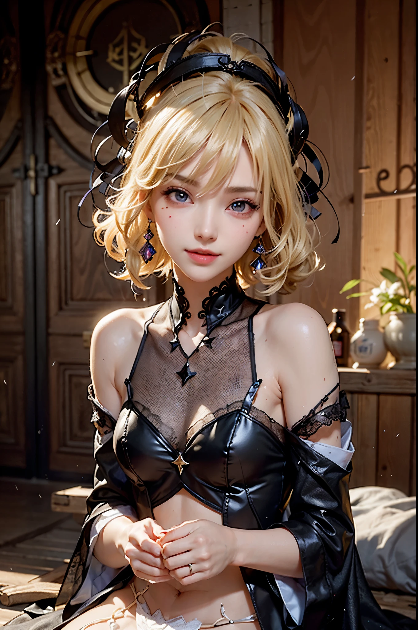 ((NAVIA GENSHIN IMPACT)), 8k, HD, masterpiece, Very precise, anatomically correct, textured skin, Very detailed, High details, high quality, Awarded many times, Best Quality, ultra realistic, Whole body, big breasts, female masturbation, jet, open legs, SEX, seductive face, very transparent mesh lingerie, bare breasts, in a field of roses, (european face), with Navia dress, blonde, golden hair