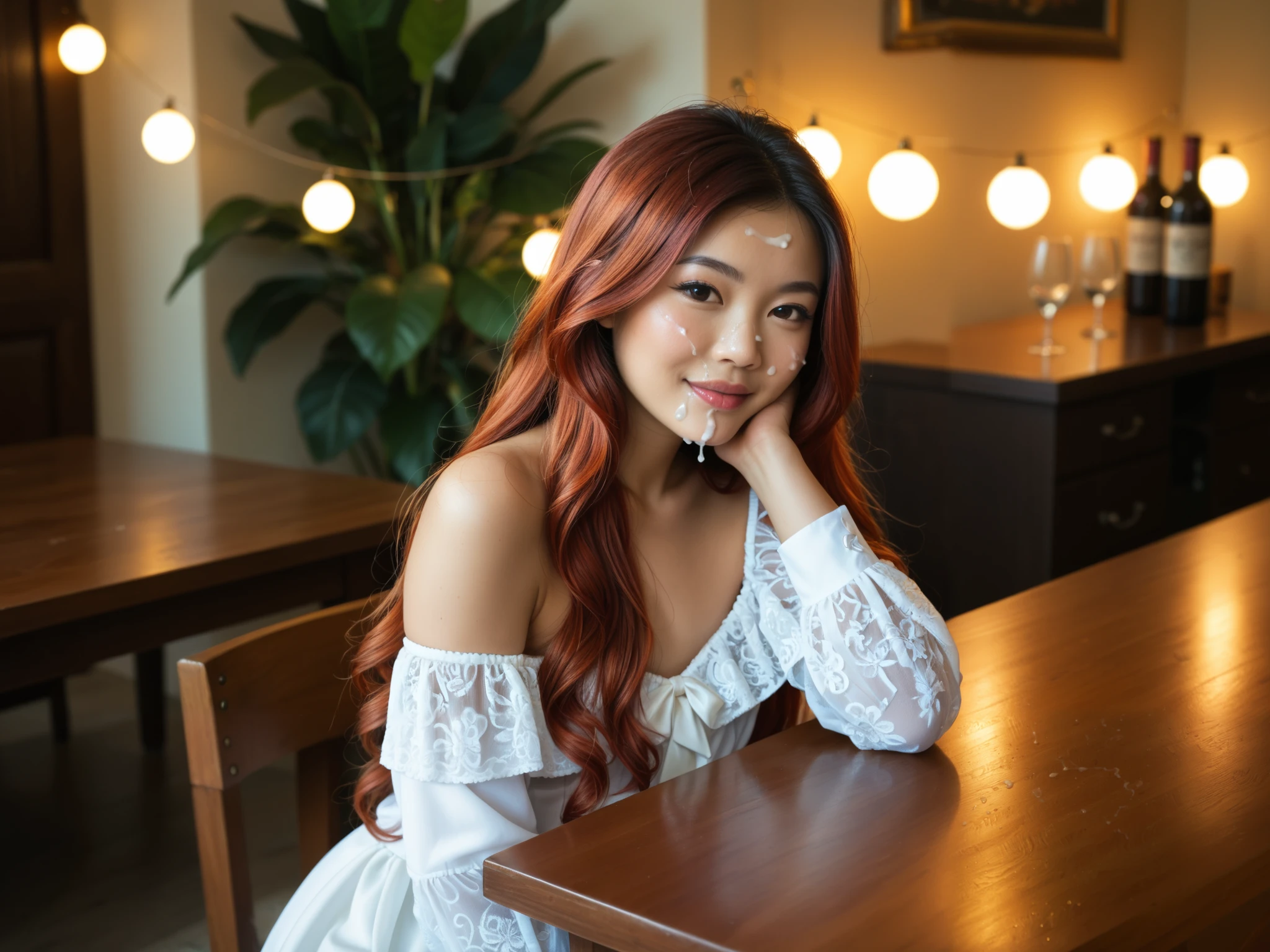 Award winning Photo of a (beautiful gorgeous sexy tanned exotic (Asian:2) redhead anchorwoman sitting behind table, cum on face and hair and clothes, flowing long hair, flat_chested:1.35), naked penises on both sides of her dripping with cum, (vibrant ambient lights, newsroom), intricate, elegant, highly detailed, photorealistic, bokeh, smooth, sharp focus