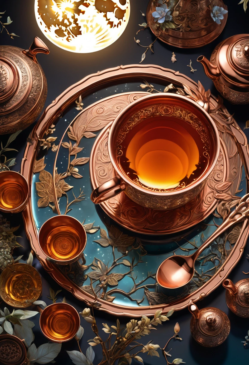 tea drinking with flowers on the table, in thestyle of dark teal and dark brown, cherry blos-soms,asian-inspired，grandiosecolorschemes, sky-blue and green, textural rich-ness.