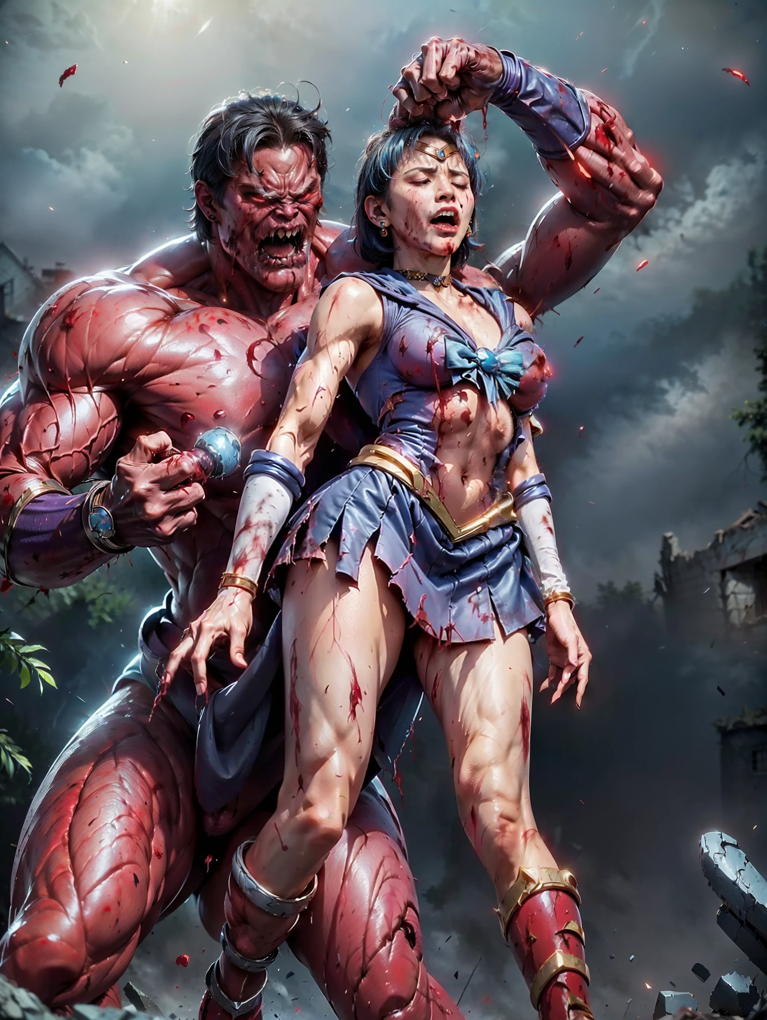 (The 8k quality, Ultra-high-resolution quality, Ultra high definition, Photorealistic, Best Quality):1.5, (masterpiece):1.4,
(camera angle from the front view):7.0,
(in the ruined building):5.5,
(depiction of brutal violence battle, bloody brutal violence, hetero):1.5, (brutal battle of beautifully shaped 1 sailor mercury and 1 huge THANOS wearing armor):10.0, (v1ct0ry, hold by head, head grab, legs off ground, legs dangling, arms dangling, full body view, CarnageStyle, (blood_red:1.5)):15.0, (brutal violence, 1 muscular THANOS wearing armor is grabbing sailor mercury's head with his hand violently from her behind, grab head):15.0, (1 bloody sailor mercury grabbed head from behind, medium breasts):10.0, (sailor mercury, mer1, tiara, sailor senshi uniform, blue sailor collar, bow, knee boots, choker, white gloves, blue choker, elbow gloves, jewelry, earrings, blue skirt, small breasts, lowered both arms):10.0, (extremely screaming face with pain, bloody face, closed eyes, medium build, medium height, broken armor):3.5,