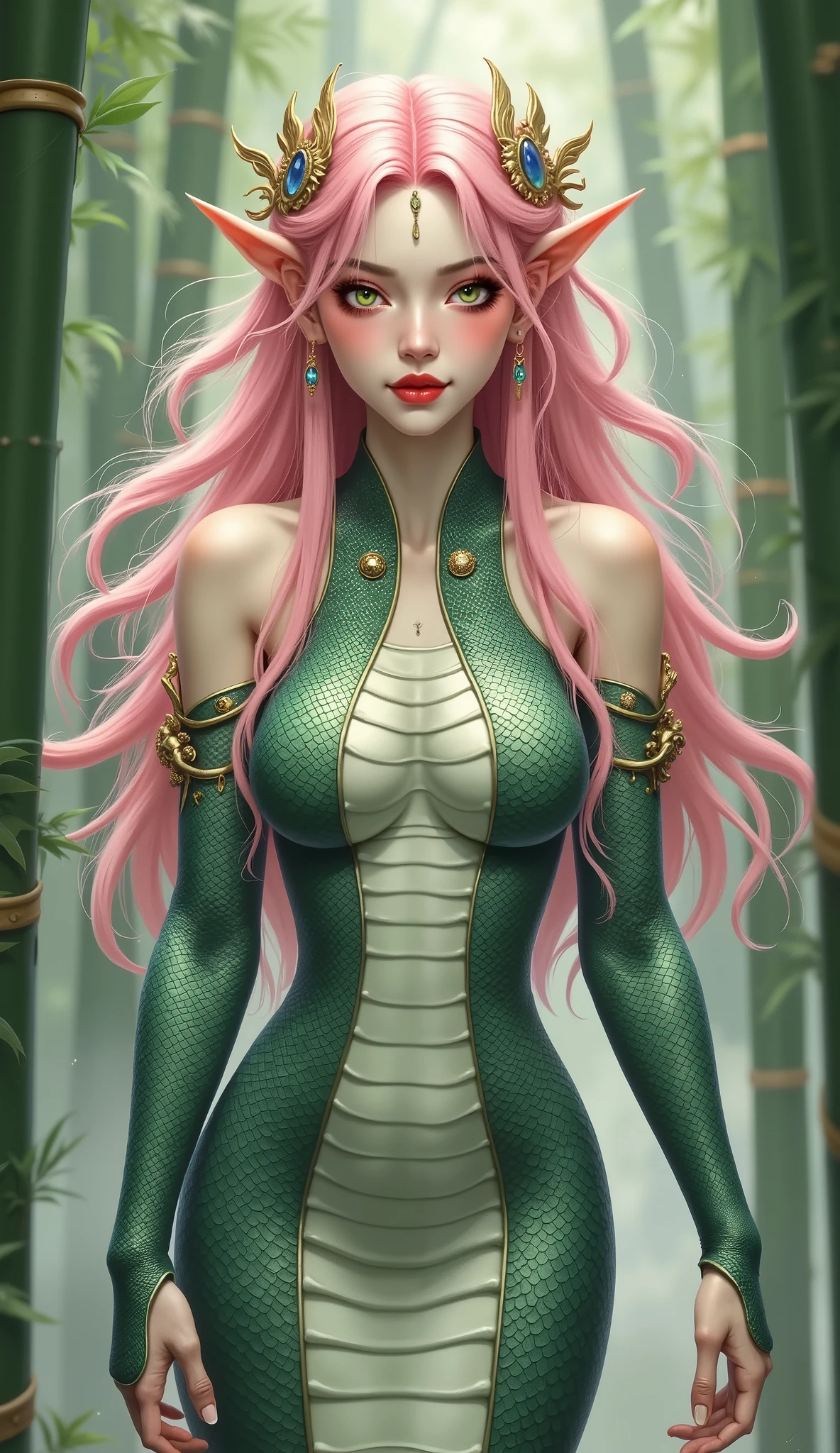 anime characters, beautiful woman , Long fluffy pink hair , Bright eyes ,Elf ears, snakeskin dress , Surrounding posture , 雾middle竹林 , middle, Bright Colors , intricate details , Mysterious Atmosphere ( masterpiece, Studio Quality Photos Showing God's Power :1.3), (Movie), 4K, ArtStation popular works , 8,000, Awards