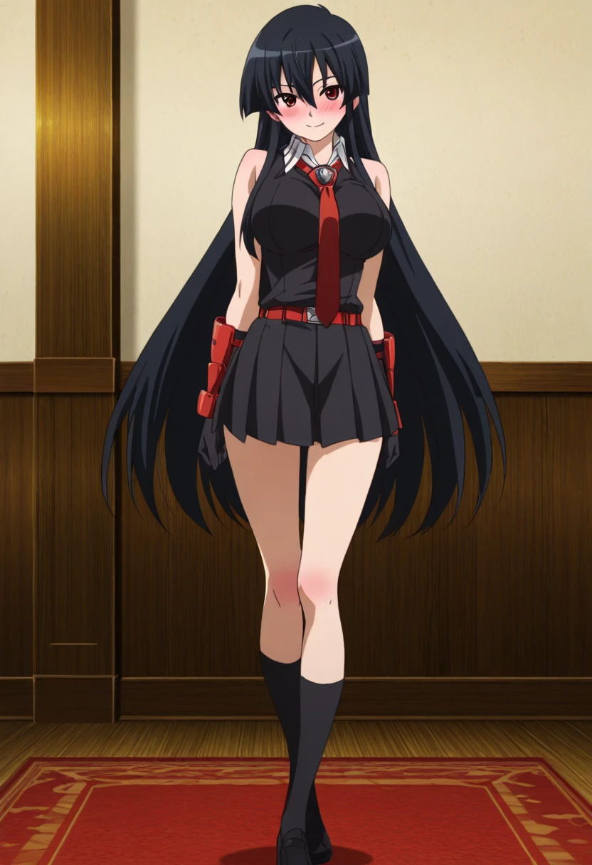 masterpiece, high quality, best quality, 1girl, (muscular female:1.0), (super gigantic breasts:1.0), (closed mouth, half smile), akame \(akame ga kill!\), black collared shirt, red necktie, sleeveless, skirt, black hair, red eyes, anime screencap, anime key visual, (fully clothed:1.0), full body <lora:agk_akame-10:1>