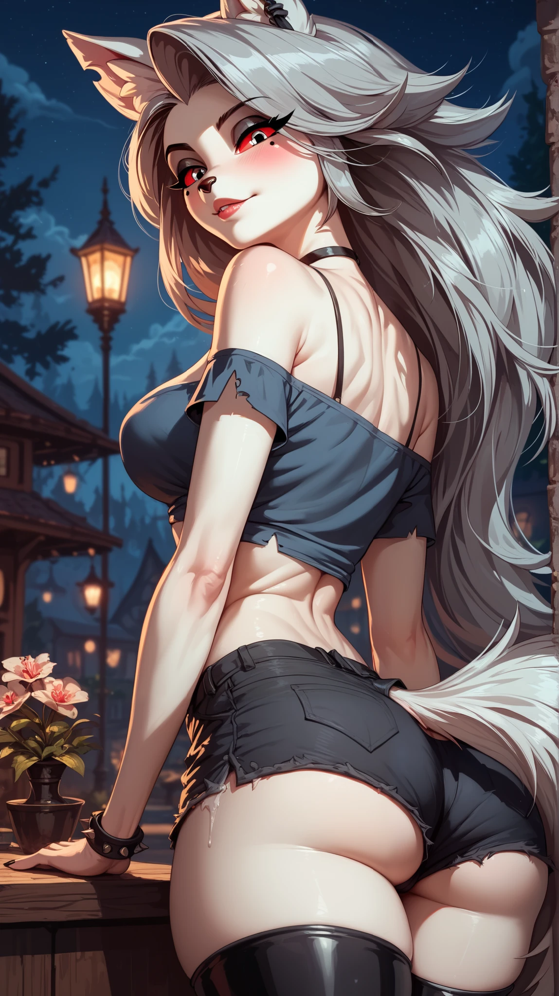 Perfect eyes, perfectly sexy face , extremely detailed, looking at the viewer , red eyes, loona, hazbin hotel, wide hips , animal ear, animal ears , animal nose, tail, shorts brancos, short shorts , thigh boots, short top, apenas_shoulder, Fantasy, night, rear view ,