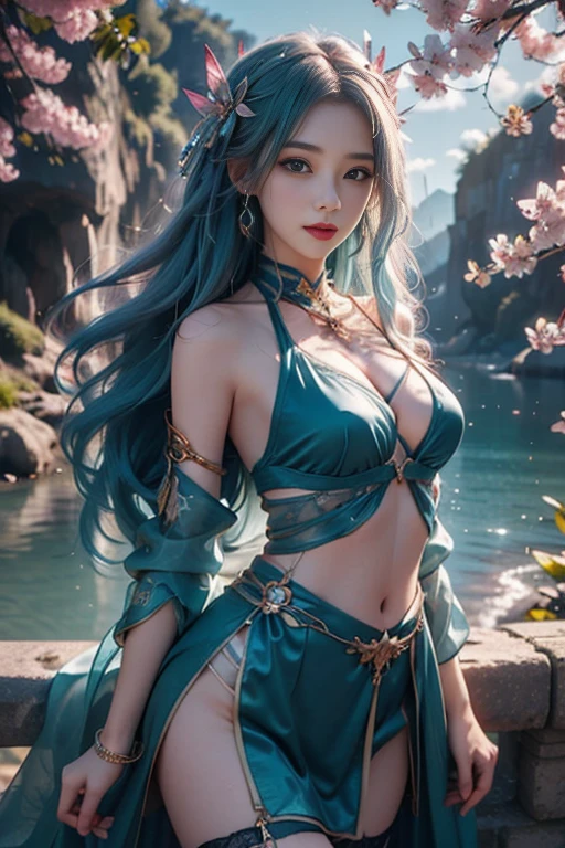 8K、青と銀色のVery large breastsの胸鎧を着たDark Elf、Super Beauty、Sunburned skin、Elf Ears,青と白のVery large breastsの胸鎧、Model Chute Style、(the Extremely Detailed CG Unity 8K Wallpapers)、Full body photos of the most beautiful works of art in the world、Front 4 poses、Dark Elf、Blue Hair、Green Valley、Blue and black combat skirt、Pearl Skin、diamond、Medieval architecture、trending at artstationh、CG trends、 Dense、Every detail、Sharp focus、Dramatic, realistic paintings by Midjourney and Greg Rutkowski、Sexy Costumes、Very large breasts、blue eyes、Beholder、Beautiful expression、Accentuate your cleavage、Beautiful decoration、smile,Inside the cave,全身Sunburned skin,美しいBlue Hair,全身Sunburned skin,Sunburned skin,