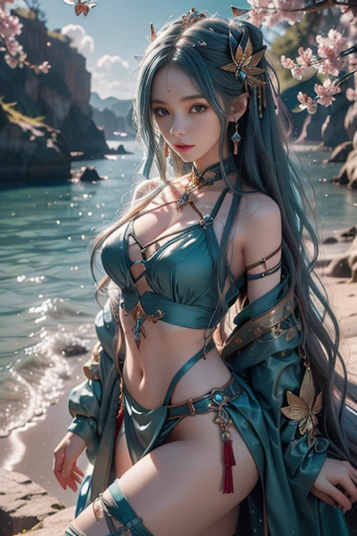 best qualtiy,tmasterpiece,Extremely Delicately Beautiful,The is very detailed,CG,unified,8k wallpaper,Beautiful Meticulous Girl,(very vey very detailed face), 1girll,独奏,The whole body leans against the trees by the sea,Wearing a cyan bikini,large tities