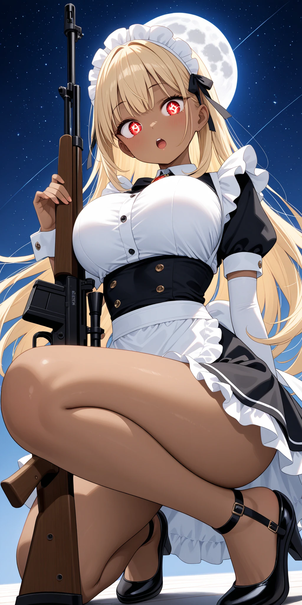 masterpiece, best quality, <lora:sunako:1>,1girl, solo, underwear, thighhighs, panties, maid, weapon, gun, sniper rifle, rifle, blonde hair, gloves, pantyshot, sitting, elbow gloves