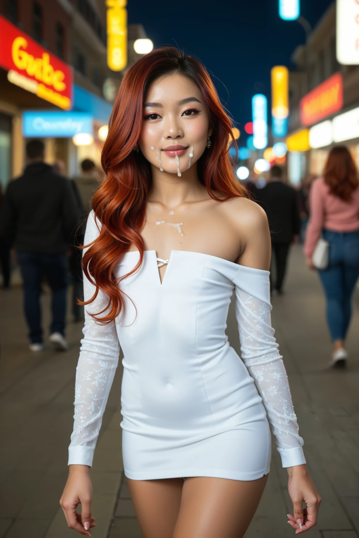 Award winning Photo of a (beautiful gorgeous sexy tanned exotic (Asian:2) redhead businesswoman walking in crowded, cum on face and hair and clothes, flowing long hair, flat_chested:1.35), clothes dripping with cum, (vibrant ambient lights, utban background), intricate, elegant, highly detailed, photorealistic, bokeh, smooth, sharp focus