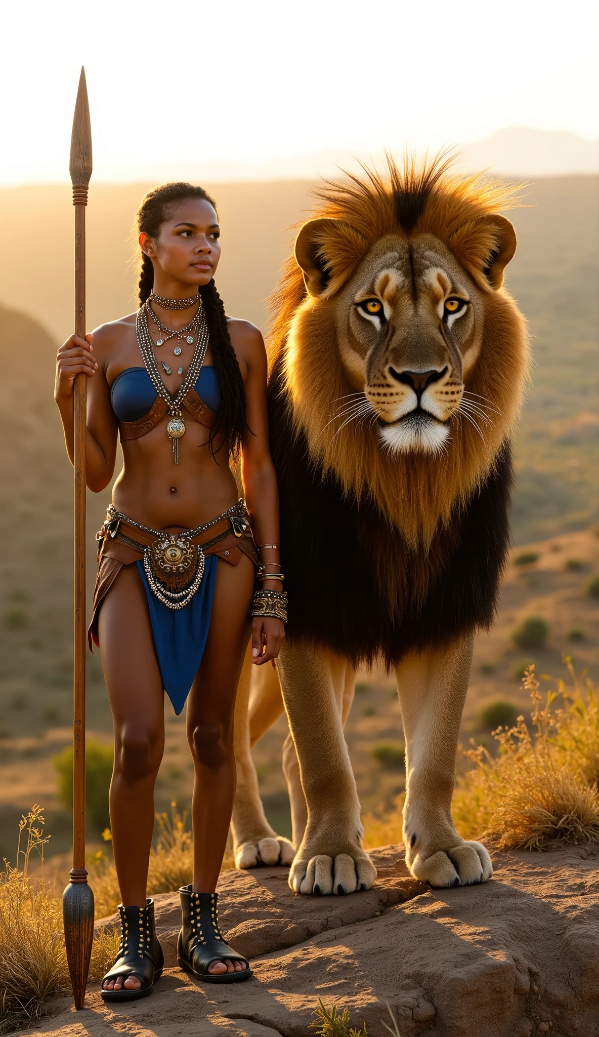 A 20-year-old Botswanan warrior stands at the edge of a vast valley, her sharp eyes scanning the horizon as the golden sun casts long shadows across the land. Her athletic, sexy, big boobs, toned body reflects years of training, and her thick, dark hair is braided in an intricate style adorned with beads, honoring her people’s traditions.

She wears a warrior’s outfit crafted from leather and woven fibers, dyed in deep blue and black to match the colors of her homeland. A beaded belt secures a flowing cloth around her waist, while leather bindings wrap her arms and legs. Her sturdy sandals are built for swift movement across the rugged terrain.

In her right hand, she grips a traditional Tswana spear with a carved wooden shaft and a gleaming iron tip. Around her neck, an ivory pendant rests against her chest, a sacred talisman of her ancestors.

Beside her, a massive African lion, nearly as tall as she is, stands proudly. His powerful frame moves with silent grace, his golden mane rippling in the wind. His amber eyes gleam with intelligence, a reflection of the warrior’s own determination. Warrior and beast, equal in presence and strength, stand together, surveying the land they are destined to protect.








