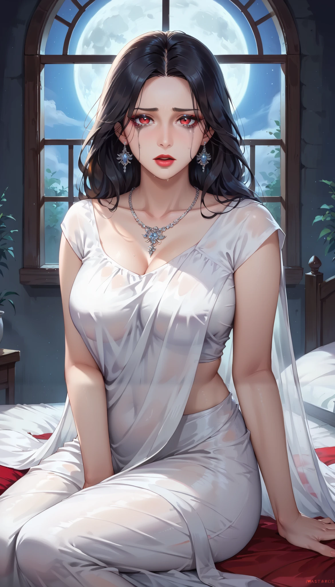 Hot milf, (red eyes), red lips, wide lips, (((white skin))), (black hair), messy straight hair, ((straight strands framing her face, adding a touch of softness to her striking features)). She has exquisite caucasian features, red mark on forehead, forehead mark, ruined makeup, (ruined makeup). She has a ((very slim body)), with a tiny waist and ((skinny limbs)), but her ((breasts are enormous and round)), and they look far too big for her slender little body, big breasts. ((masterpiece)), ((best quality)) ((fantasy art illustration)). She is a beautiful, under 40, female. (Wearing a white blouse and long white saree)), (silver earrings, silver necklace, she is sitting on bed, sexy pose, extremely detailed art. Looking at viewer, open mouth, sad expression, Tears. Indoor, bed room, ((night time)), ((dark room)), moon in the window, dead trees in the window, blue and red lighting.