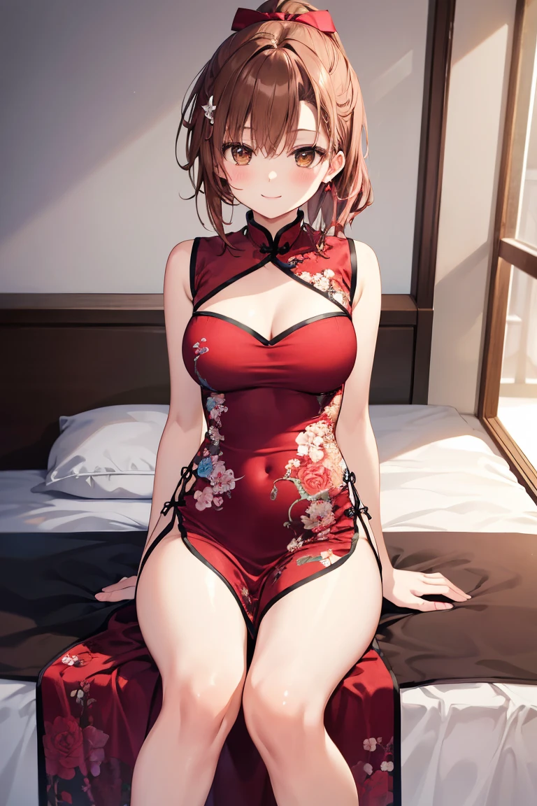 masutepiece, Best Quality, 1girl in, (karen),Red color hair, (red eyes:1.2),((qipao dress))、((a miniskirt))、((embarassed expression))、((Bedroom))、((Spread your legs apart))、((pantyhose))、((short-hair))、((Behind photo))