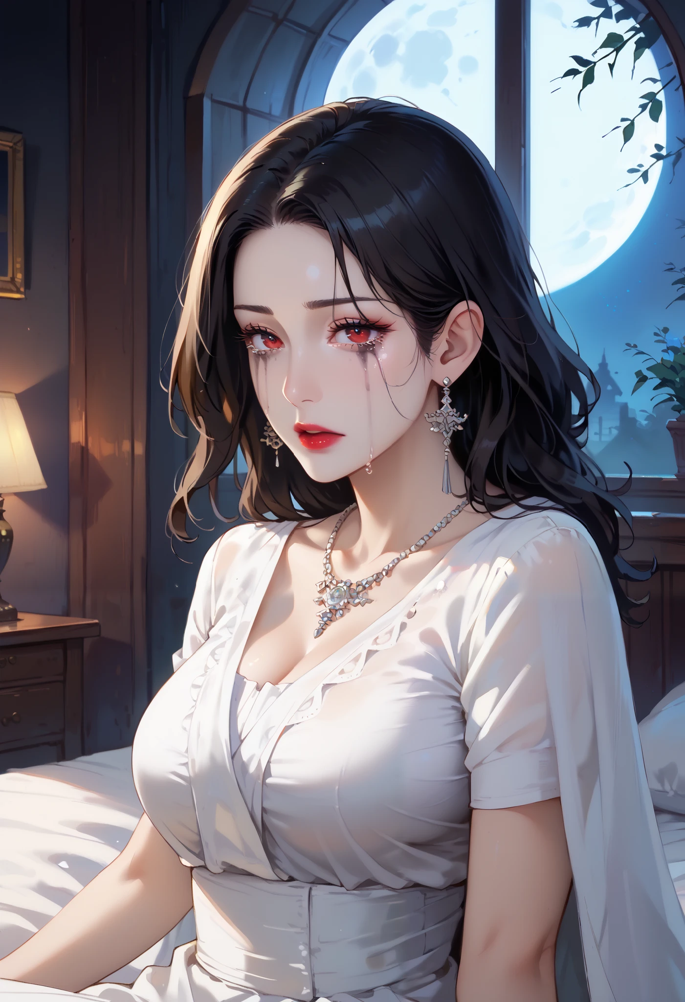 Hot milf, (red eyes), red lips, wide lips, (((white skin))), (black hair), messy straight hair, ((straight strands framing her face, adding a touch of softness to her striking features)). She has exquisite caucasian features, red mark on forehead, forehead mark, ruined makeup, (ruined makeup). She has a ((very slim body)), with a tiny waist and ((skinny limbs)), but her ((breasts are enormous and round)), and they look far too big for her slender little body, big breasts. ((masterpiece)), ((best quality)) ((fantasy art illustration)). She is a beautiful, under 40, female. (Wearing a white blouse and long white saree)), (silver earrings, silver necklace, she is sitting on bed, sexy pose, extremely detailed art. Looking at viewer, open mouth, sad expression, Tears. Indoor, bed room, ((night time)), ((dark room)), moon in the window, dead trees in the window, blue and red lighting.