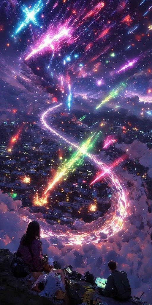 tilted Dutch angle view of a very beautiful end-of-the-world scene, hundreds of tremendously beautiful colorful meteors falling spirally one after another widely spreading to beautiful lively neat city, breaking through beautiful clouds as making holes to it. Very dynamic dramatic picture. The sky is beautifully spread out in an impossible and unusual vivid color. citizens looking at the catastrophe from below. meteor impact shaking the cityscape very hard.