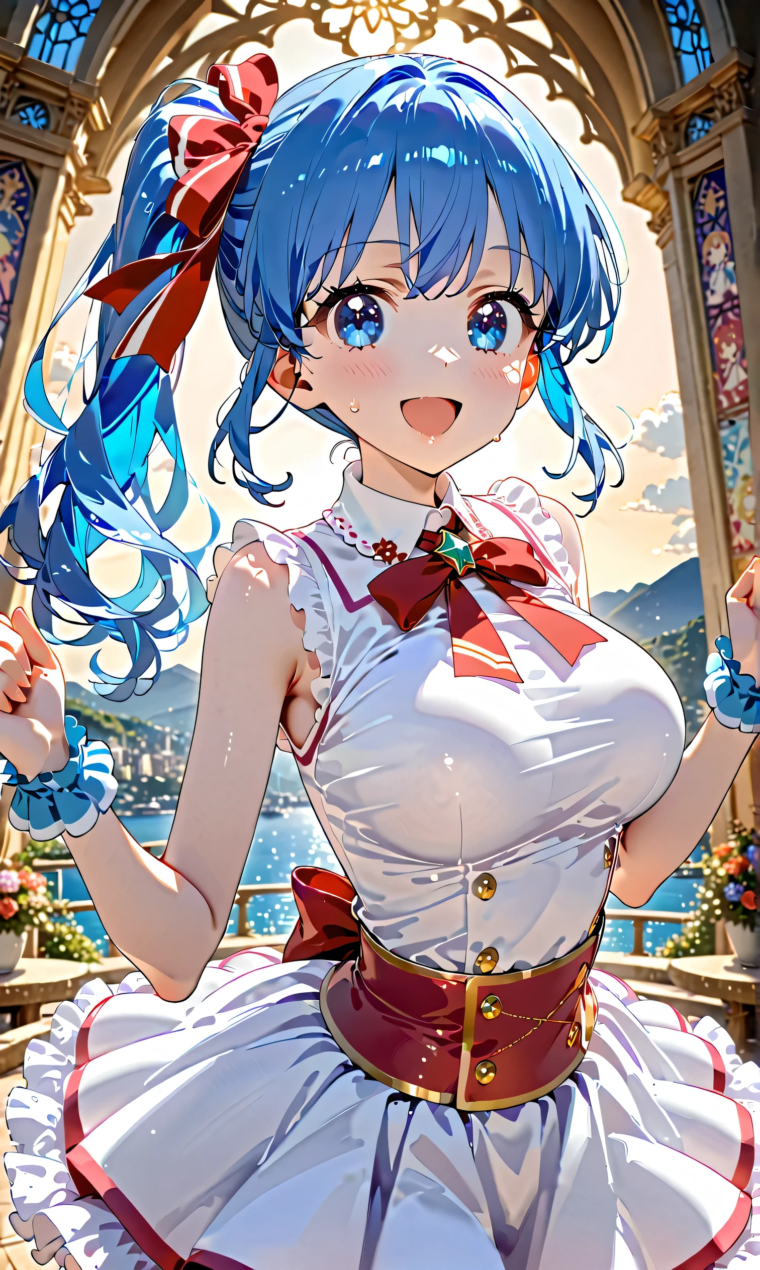 Anime girl with blue hair and a red bow in a white dress - SeaArt AI