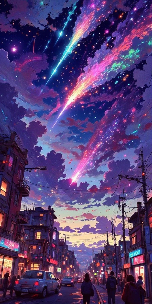 tilted Dutch angle view of a very beautiful end-of-the-world scene, hundreds of tremendously beautiful colorful meteors falling spirally one after another widely spreading to beautiful lively neat city, breaking through beautiful clouds as making holes to it. Very dynamic dramatic picture. The sky is beautifully spread out in an impossible and unusual vivid color. citizens looking at the catastrophe from below. meteor impact shaking the cityscape very hard.