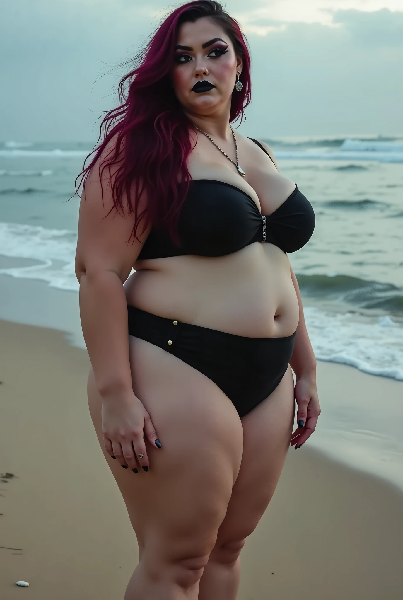 realistic photo of beautiful woman with green hair hair roots slightly faded spanish influencer sexy full body, beer belly, big sagging breast, saggy breast, thick thighs, wide hips, big round ass, afternoon, fisheye lens, establishing shot, pastel color grading, front view, depth of field cinematography effect, film noir genre, 8k resolution, high quality, ultra detail , curvy body, plump body, huge big ass, thick body, curvy body type, voluptuous body type, busty body type, thick body type, big chest, big, (wearing black bikini)