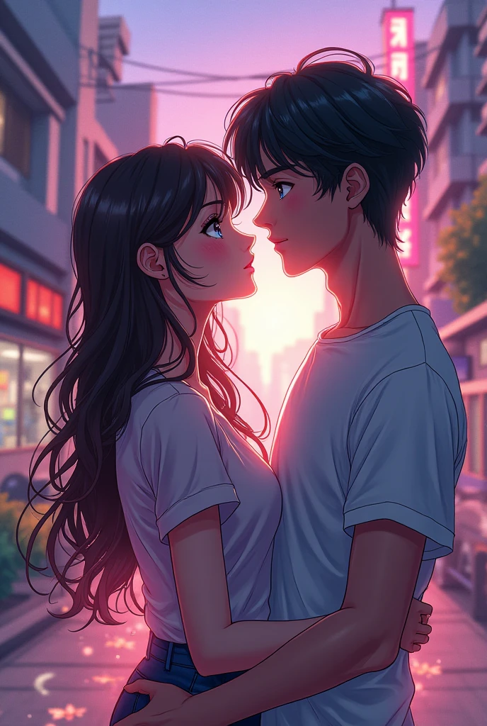 Korean 15 year old girl standing on a street, long smooth hairs, narrow waist, wearing a pink coloured tank top and blue shorts, and getting a back hug by a 19 year old boy and he's wearing black shirt and blue jeans and he doesn't have beards