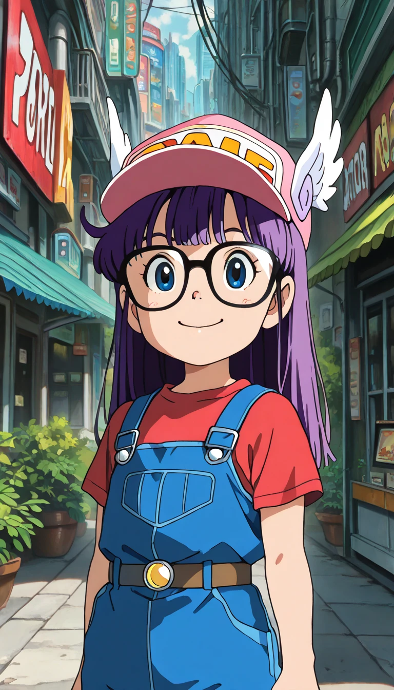 (1girl, solo, ds-norimakiarale), (extremely detailed CG unit 8k wallpaper),(master part), (best quality), (ultra detail), (best illustration),(ghibli_style), cowboy shot, close up, standing, facing viewer, looking at viewer, perfect face, perfect eyes, perfect fingers, (Sharp eyeliner, ombre, detailed eyes:1), traditional media, ghibli landscapes, scenery, outdoors, cyberpunk city, science fiction, break , upper body, solo, smile, (purple hair, long hair, blue eyes, black-framed eyewear, pink hat, winged hat, ds-norimakiarale outfit, red shirt, blue overalls,)